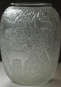 Lalique France Frosted Crystal BICHES Deer Forest 6.5" Vase