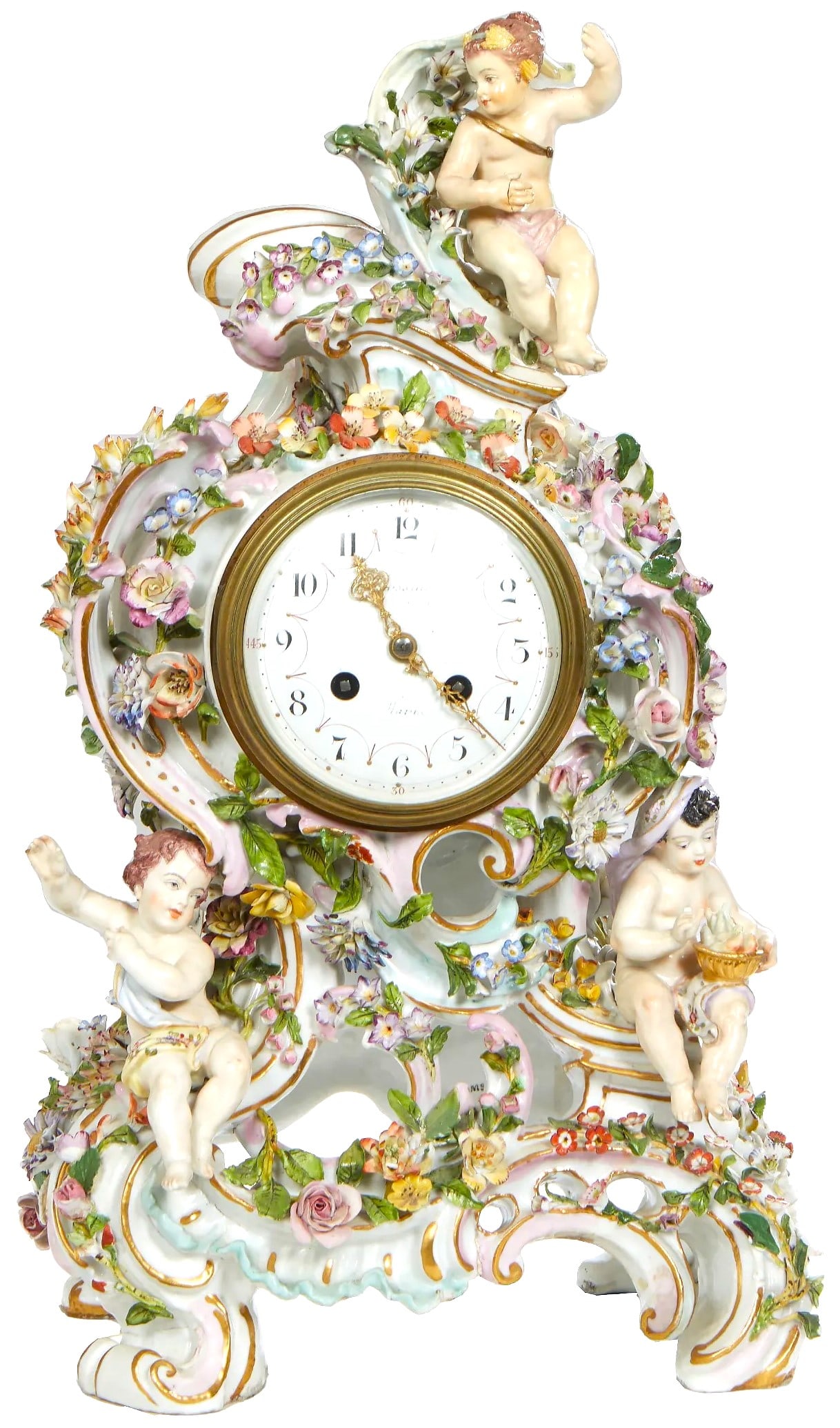 Samson Meissen Style Porcelain Figural Clock 20th Century with a Putto and Floral Encrusted Crest (1 of 5)