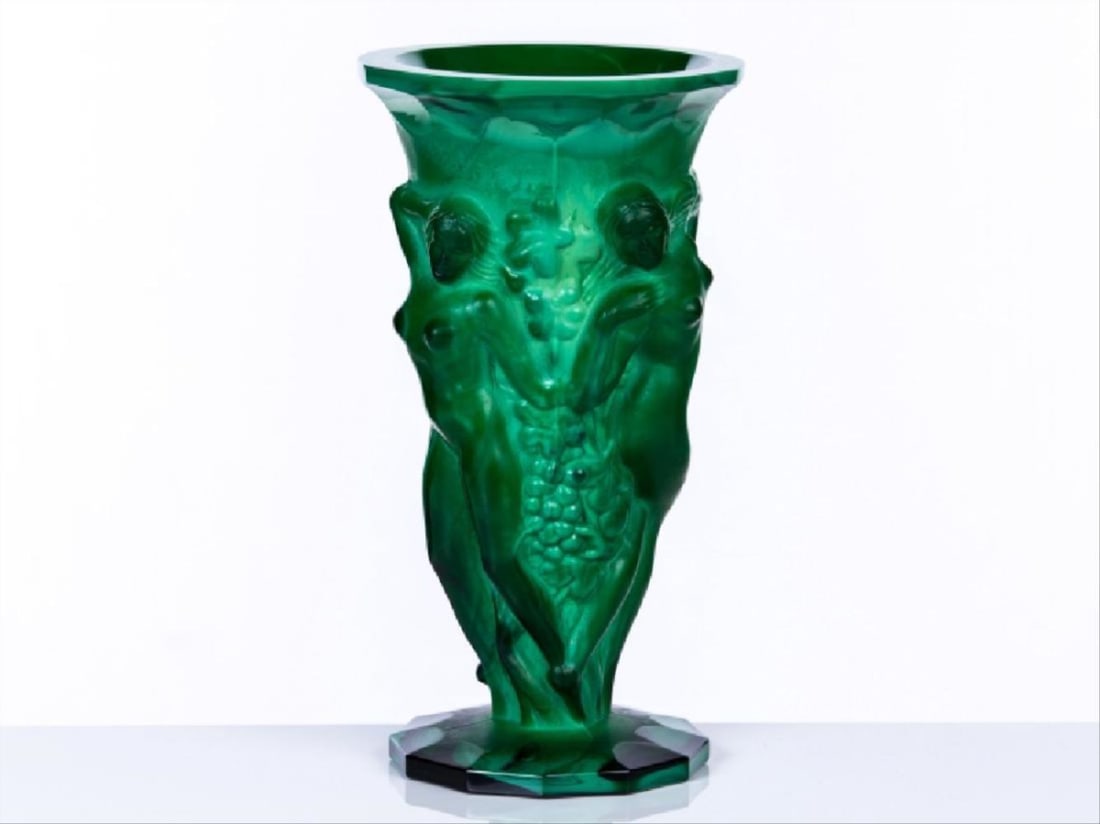 Figural Glass Vase With Malachite Base: Figural Glass Vase With Malachite Base. Measures 8 1/2"