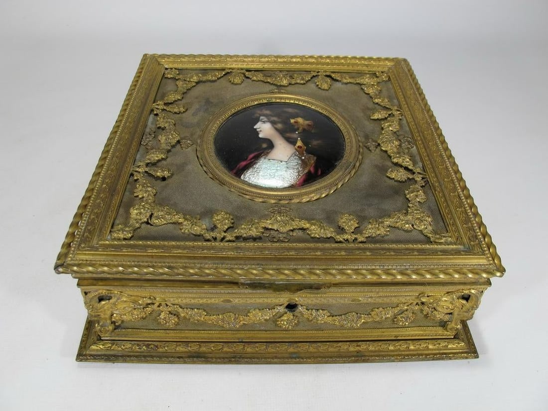 Antique French Bronze & Enamel Jewelry Box: Antique French bronze & enamel jewelry box. 3” H x 8 1/2” W x 8 1/2” D.