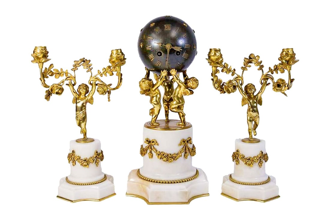 19Th Century 3 Piece Bronze & Marble Clock Set (1 of 7)