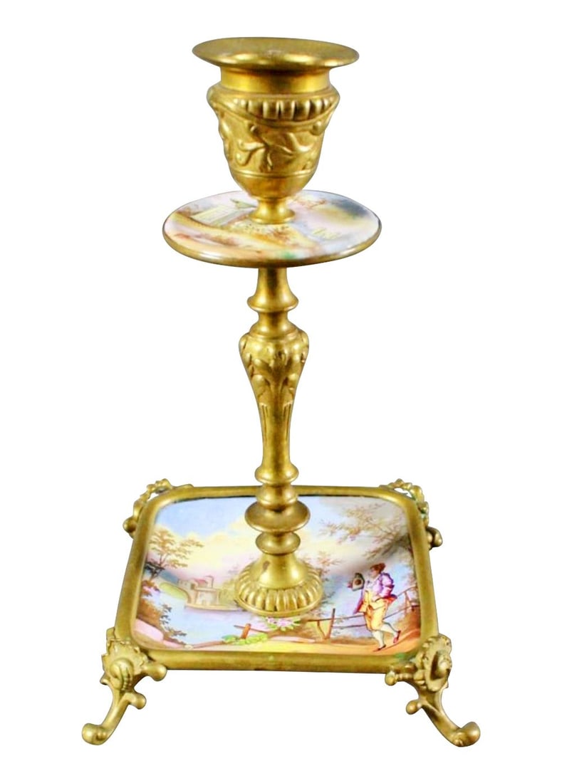 Austrian Viennese Vienna Enamel Candlestick: Viennese Enamel Candlestick. Measures H: 6 1/2" Vitreous enamel, also called porcelain enamel, is a material made by fusing powdered glass to a substrate by firing, usually between 750 and 850 ???????