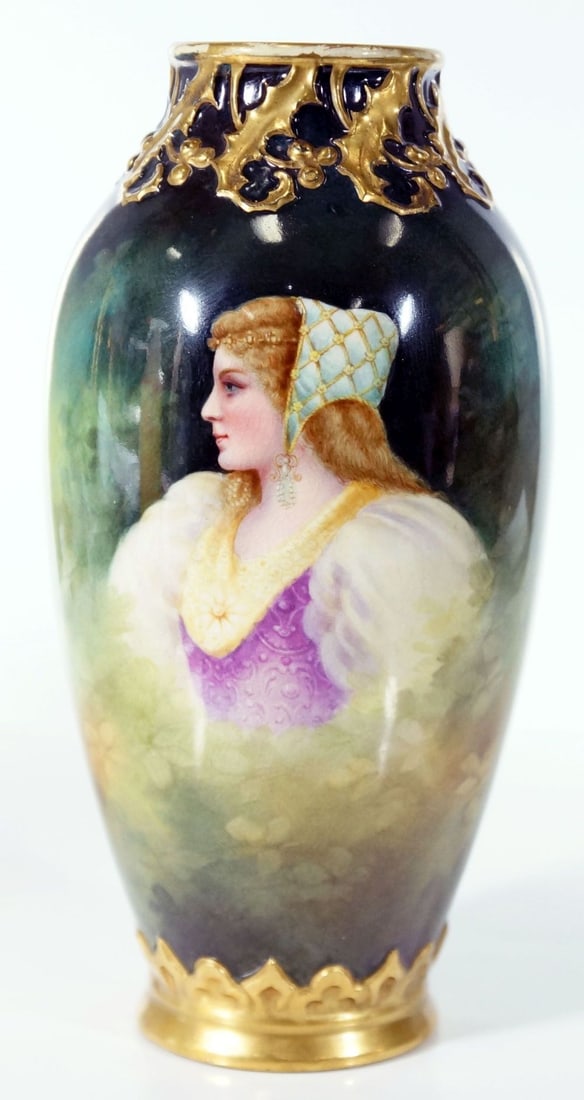 Royal Bonn Germany Porcelain Vase of a Hand Painted Beauty circa 1900: Royal Bonn Germany Porcelain Vase of a Hand-Painted Beauty Woman, circa 1900 This beautiful antique hand-painted vase urn is in good condition for its age. It depicts a maiden from the 1900s surrounde