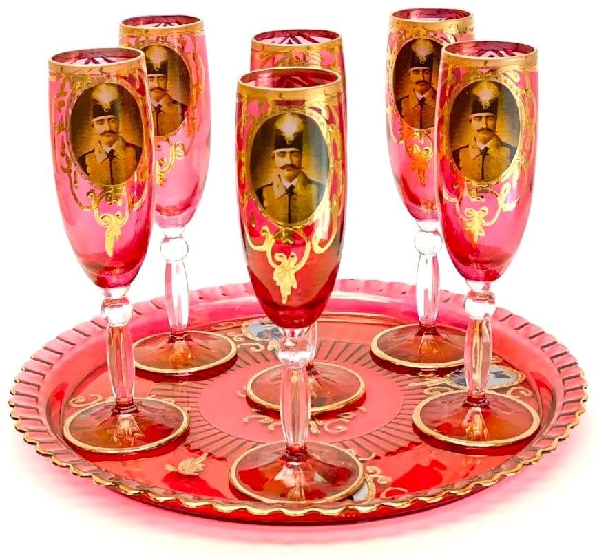 9 Antique bohemian Moser Gilt Cranberry Red Champagne Goblets & Tray (1 of 6)