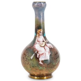 Antique 19th C. French Limoges Hand Painted Enamel on Bronze Miniature Portrait Vase