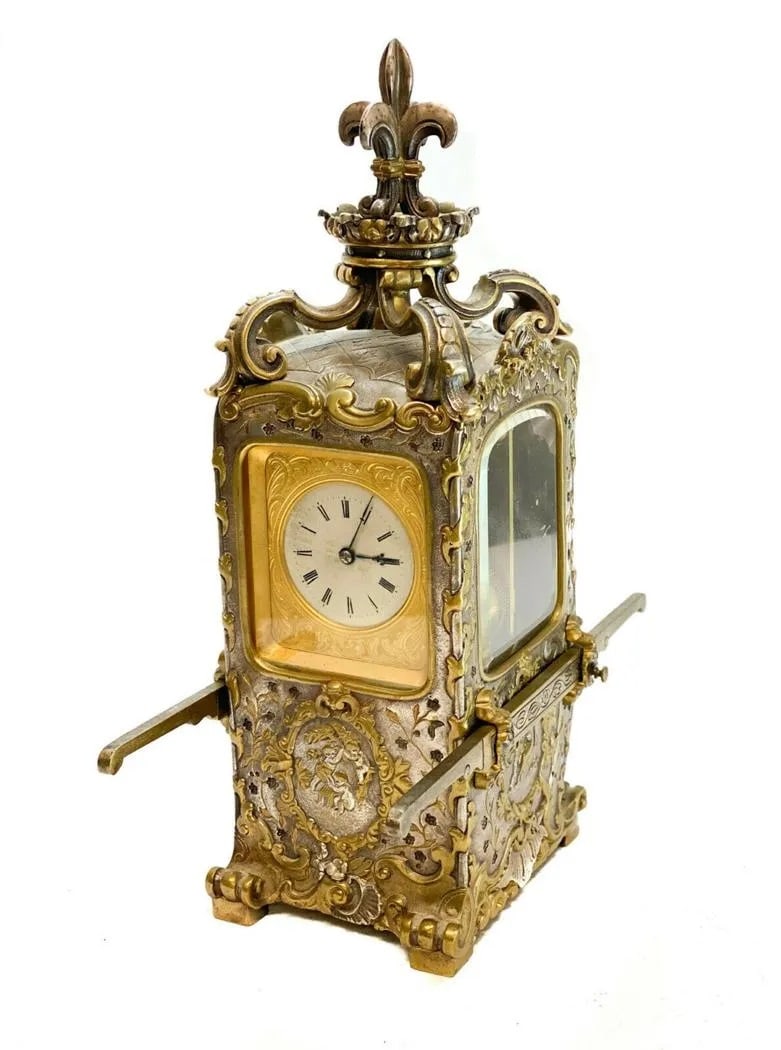 Exquisite Large 11" 19th Century Antique French Gilt Silvered Bronze Carriage Clock Sedan Chair (1 of 10)