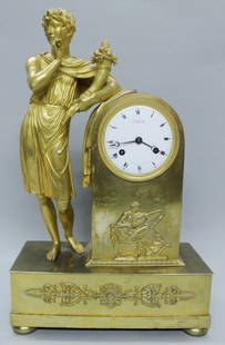 19th cent empire style gilt bronze clock: 19th cent empire style gilt bronze clock. Measures H: 17 1/2" W: 11". NO INTERNATIONAL SHIPPING ON IVORY