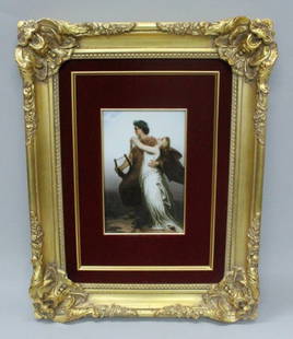 19TH CENTURY KPM PORCELAIN PLAQUE WITH SCENE ON MAN WIT: 19TH CENTURY KPM PORCELAIN PLAQUE WITH SCENE ON MAN WITH HARP HOLDING WOMAN. PLAQUE: H:8 1/4" W:5 1/4". NO INTERNATIONAL SHIPPING ON IVORY