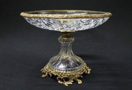 ITALIAN LEAD CRYSTAL BOWL - BRASS TRIM AND BASE: ITALIAN LEAD CRYSTAL BOWL - BRASS TRIM AND BASE - HAND CUT LEF DESIGN ON CRYSTAL - 10L" x 10W" x 12H"