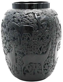 Black Lalique Biches Crystal Flower Vase Forest Deer Design