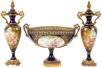 Sevres Style Ormolu Mounted Porcelain and Cobalt Blue Ground Three Piece Garniture