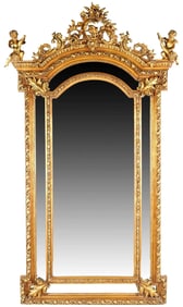 Large 94.5" Antique French Gilt Wood Carved Wall or Console Mirror Cherub Floral Decorated