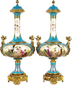Large 30" Pair of Sevres Style Porcelain Covered Vases