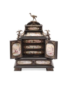 Large Antique 19th C. Austrian Vienna Viennese Enamel Mounted Ebonized Gilt Bronze Jewelry Casket