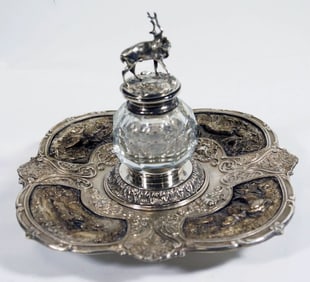 Repousse Silvered Metal Inkwell With Deer