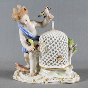 19Th C. Meissen Porcelain Firgure Of Boy With Bird Cage