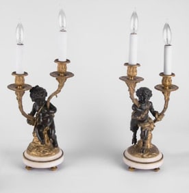 Pair Of 19Th C. French Bronze & Marble Figural