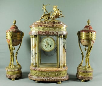 19Th C. 3 Pc. Bronze And Marble Clockset