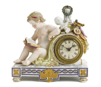 A Meissen Porcelain Figural Mantel Clock Emblematic Of