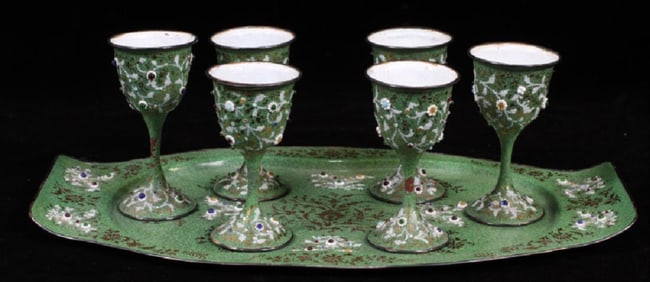 Enameled Wine Set With Tray