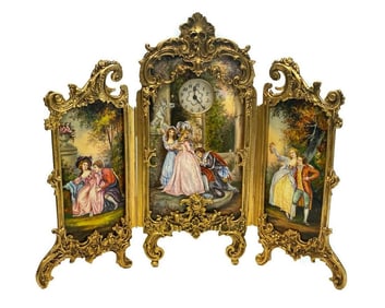 Large French Enamel & Gilt Bronze Table Screen Clock