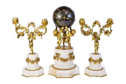 19Th Century 3 Piece Bronze & Marble Clock Set