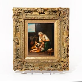 Framed Kpm Porcelain Plaque, Woman, Child And Dog