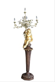 French Gesso Carved Cherub Lamp W/ Pedestal