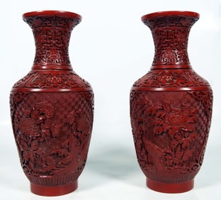 Pair Of Chinese Cinnabar Vases