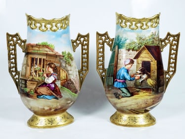 Pair Of Continental Two Handle Picture Vases