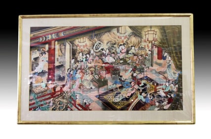 Gigantic Chinese Interior Group Scene Watercolor