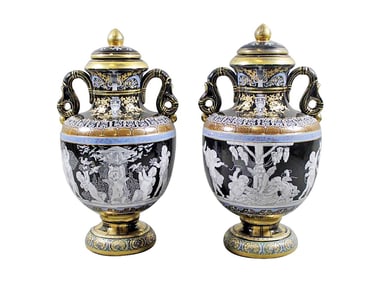 Pair Of Minton Style Two-Handle Porcelain Urns With