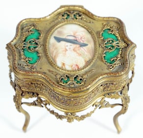 Footed Brass And Enamel Jewelry Box