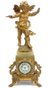 Antique French Metal & Onyx Miniature Cupid Clock