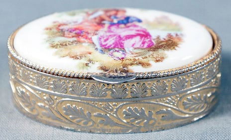 Bronze Pill Box With Painted Procelain Scene