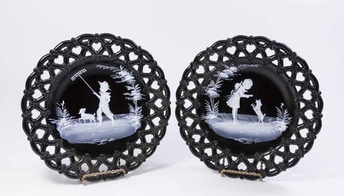 Pair Mary Gregory Enamel Painted Plates