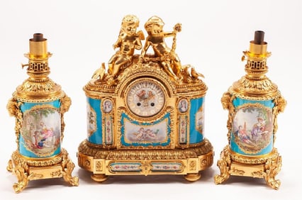 French Gilt Bronze & Sevres Style Porcelain Three-Piece