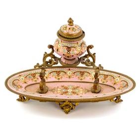 French Dore Pink Jeweled Enamel Bronze Pen Rest Inkwell