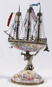 Fine Late 19Th C Austrian Silver Gilt And Enamel Nef