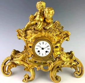 French Dore Bronze 2 Putti Clock C. 1880