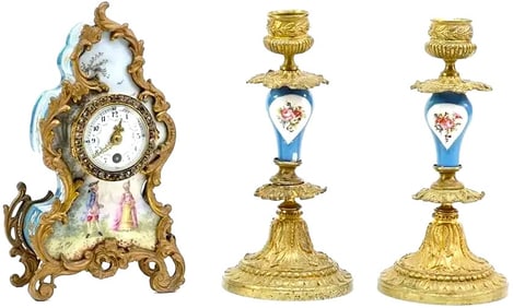 Sevres Gold Gilt Painted Table Clock and A Pair of