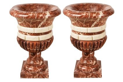 Pair of Italian Neoclassical Style Variegated Marble Vase Urns