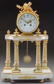 Large Antique Circa 1900 Continental Marble and Gilt Bronze Mounted Temple Form Mantle Clock