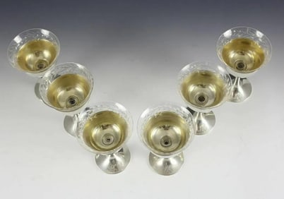 6 Shreve & Co. Sterling Silver & Etched Glass Sherbet