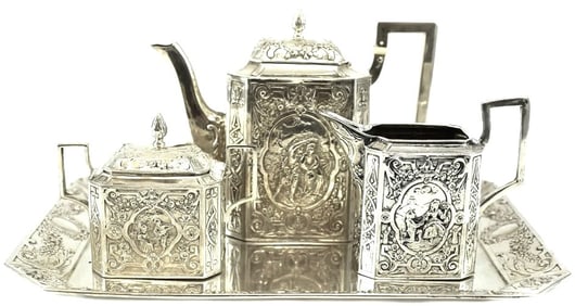 German Hand Chased Angkor .900 Silver Tea Service Set