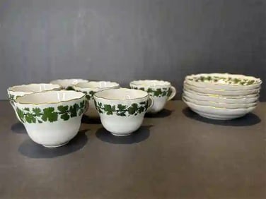 Antique Set of 6 Meissen Porcelain Green Vine Cups and Saucers in Box
