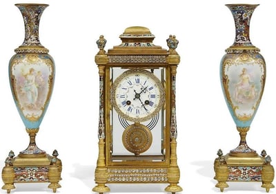 Antique 1889 Samuel Marti & Cie French Bronze and Porcelain three-piece Clock Garniture