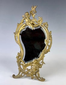Large 16" Art Nouveau Gilt Bronze Cherub Beveled Mirror