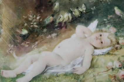 Antique Painted Plaque of 2 Cherubs C.1900