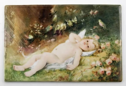 KPM-Style Plaque, Putti/Child, Signed Perrault